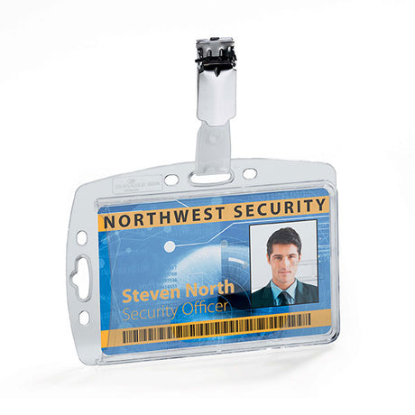 Durable badge holder with clip, 25-pack; features clear visibility, rotating clip, and thumb slot for easy access.