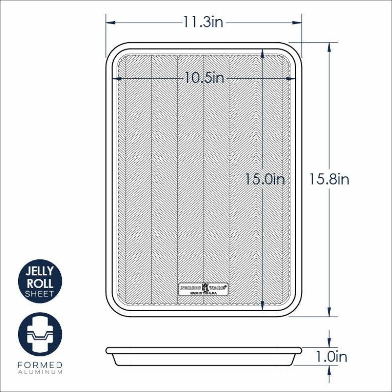 Nordic Ware Prism Jelly Roll Pan in natural aluminum, ideal for baking rolls, cookies, and veggies with a durable, non-warping design.