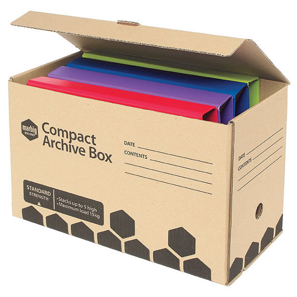 Eco-friendly Marbig Enviro Compact Archive Box pack of 5, designed for organizing documents safely and sustainably.