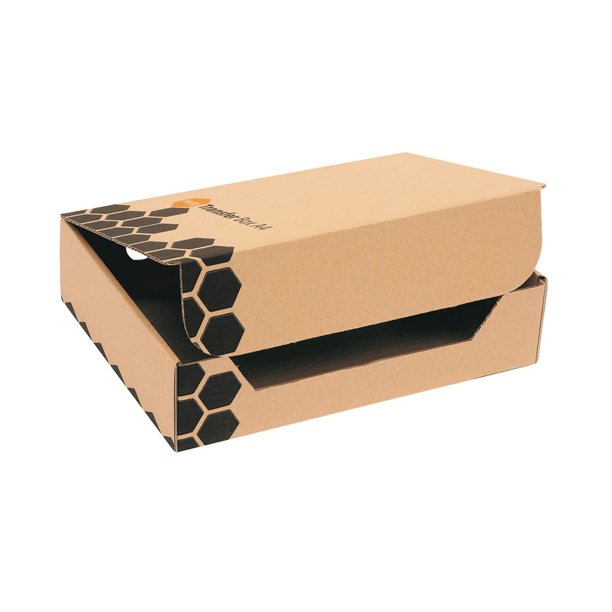 Eco-friendly Marbig Transfer Box for foolscap documents, made from 100% recycled board, lightweight and stackable.