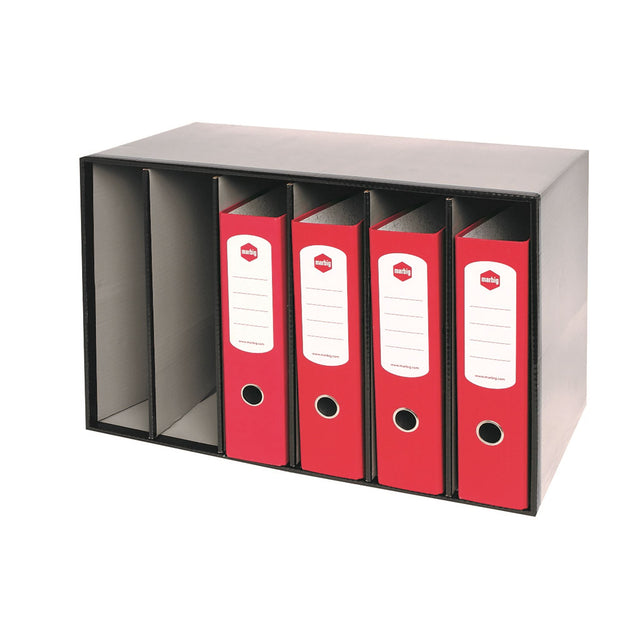 Sleek grey Marbig Stor A File with 6 compartments, stylishly organized for files and binders, perfect for home or office use.