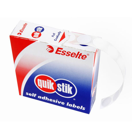 Quikstik circular label dispenser with 1200 white labels, featuring removable adhesive for easy application on clothing.