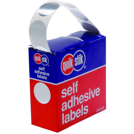 Quikstik silver circular label dispenser with 250 labels, perfect for efficient labeling and organization tasks.