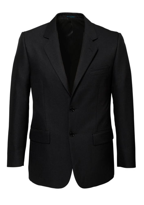 Men's black 2 button blazer from Biz Collection featuring comfort pads, three internal pockets, and elegant silver piping trim.
