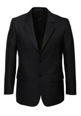 Men's black 2 button jacket by Biz Collection with comfort pads, three pockets, and stylish silver piping trim.