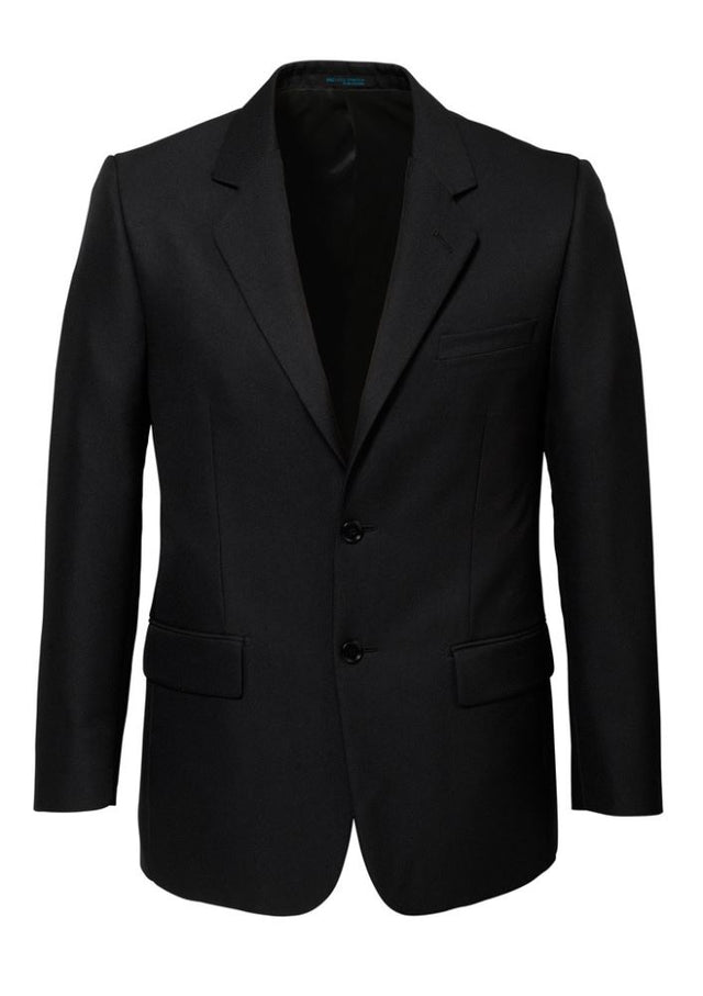 Men's black 2 button jacket with silver piping, internal pockets, and underarm comfort pads for versatile formal wear.