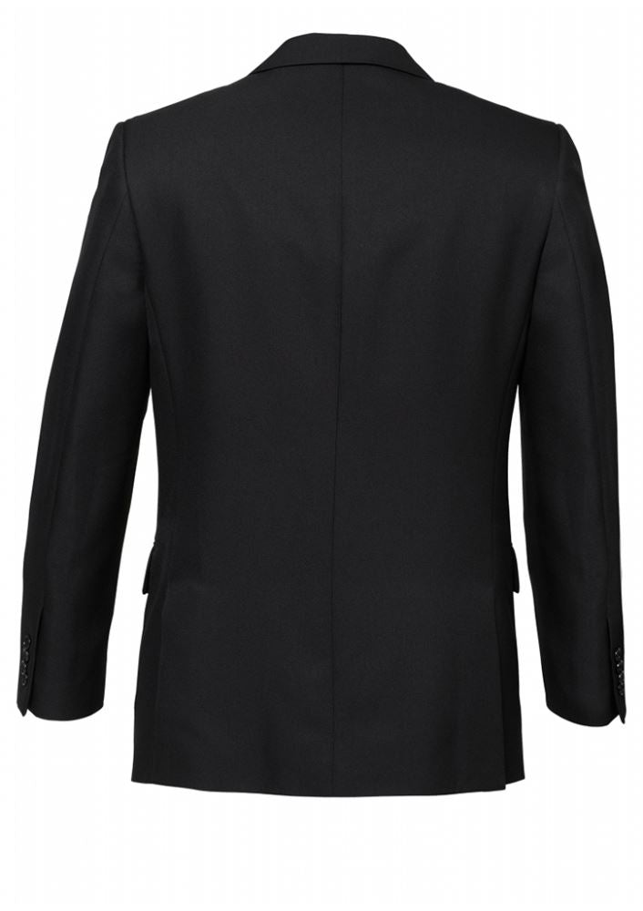 Men's black 2 button jacket from Biz Collection with underarm pads, silver piping, and three internal pockets for essentials.