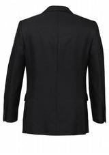 Men's black 2 button jacket by Biz Collection, featuring comfort pads, multiple pockets, and stylish silver piping trim.