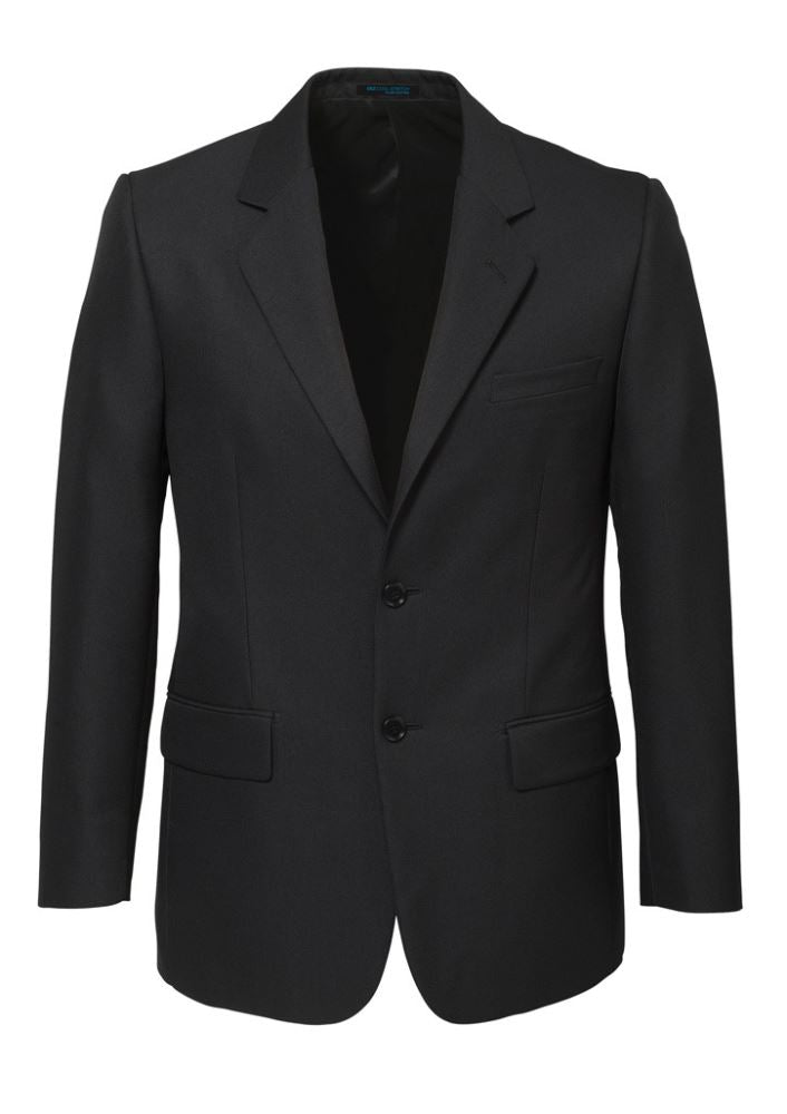 Men's charcoal 2-button jacket from Biz Collection featuring comfort pads, internal pockets, and stylish silver piping trim.