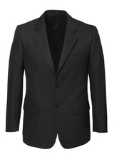 Men's charcoal 2-button jacket by Biz Collection, featuring comfort pads, internal pockets, and stylish silver piping trim.