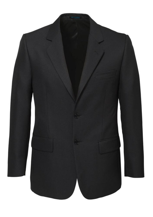 Men's charcoal 2-button jacket by Biz Collection, featuring comfort pads, internal pockets, and stylish silver piping trim.