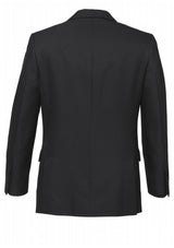 Men's charcoal 2 button blazer by Biz Collection, featuring underarm comfort pads and silver piping trim for a sophisticated look.