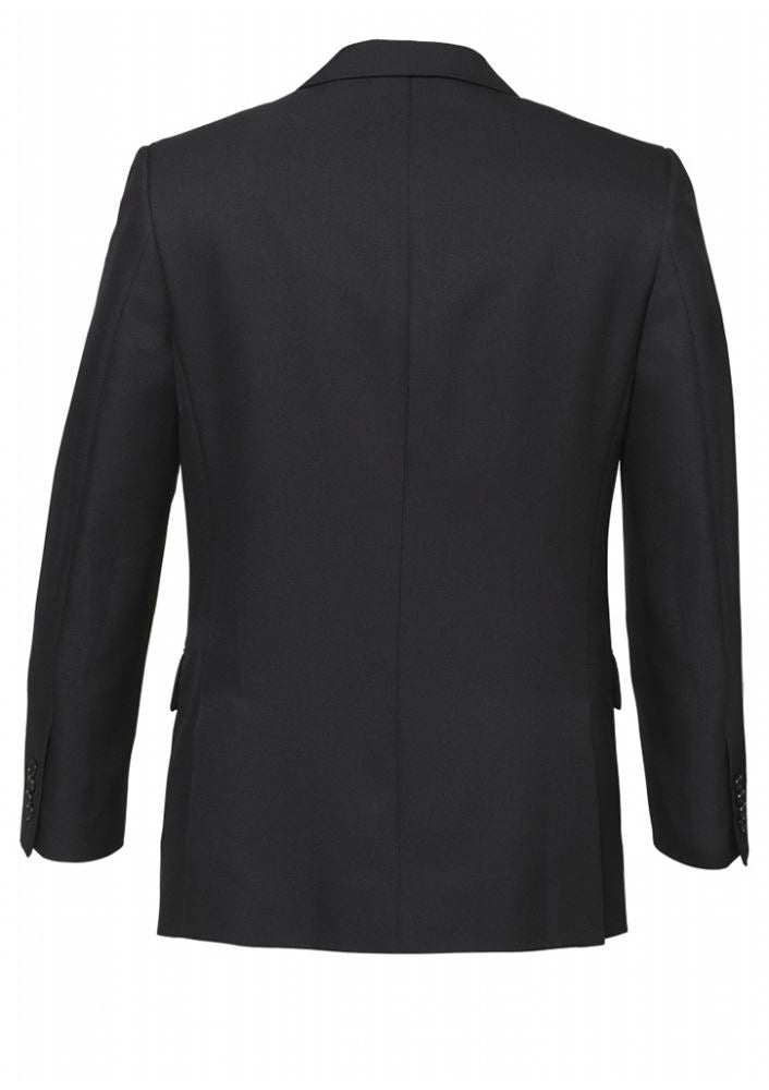 Men's charcoal 2-button jacket by Biz Collection, featuring comfort pads, internal pockets, and elegant silver piping.