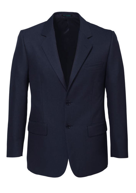 Navy 2-button men's jacket featuring comfort pads, internal pockets, silver trim lining, and a double-vented design for breathability.