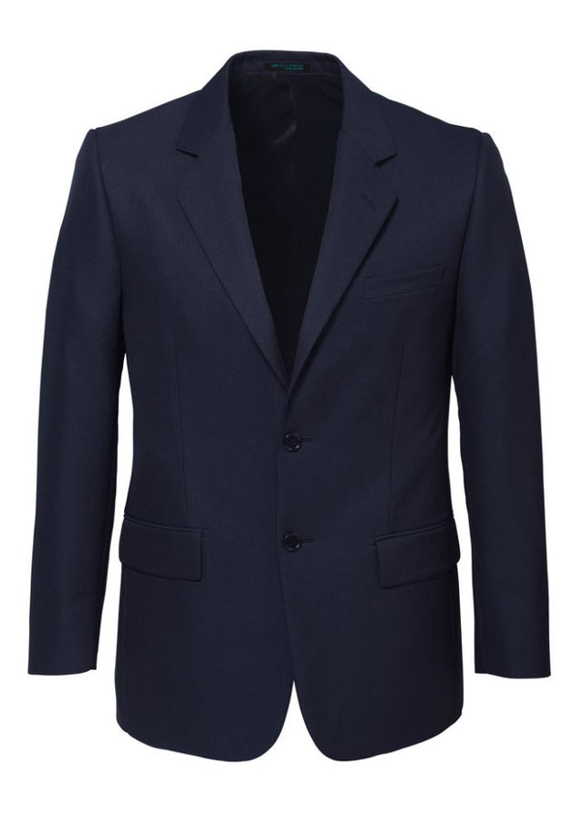 Men's navy 2 button jacket by Biz Collection featuring comfort pads, internal pockets, and stylish silver piping trim.
