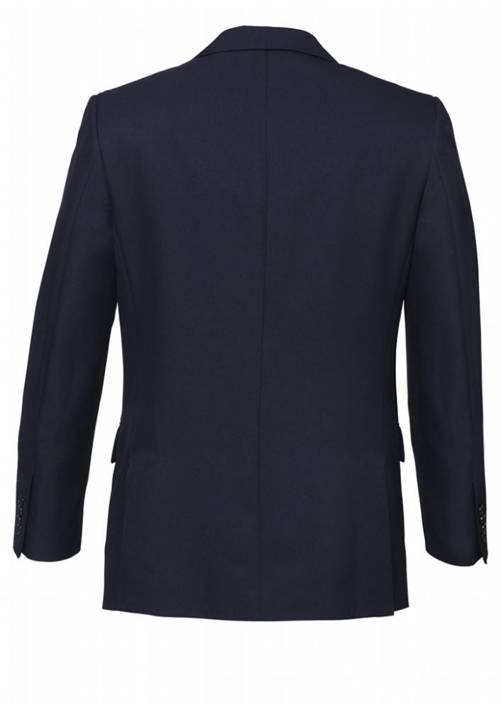Men's navy 2-button jacket featuring underarm comfort pads, three internal pockets, and double vent for mobility.