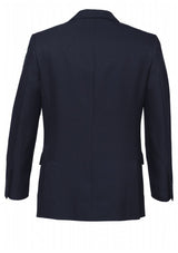 Men's navy 2 button jacket from Biz Collection featuring comfort pads, silver piping trim, and double vented design for versatility.