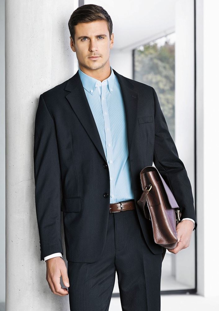 Navy Men's 2 Button Jacket from Biz Collection, featuring comfort pads, 3 internal pockets, and modern silver piping trim.