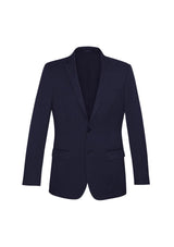 Navy slimline jacket from Biz Collection featuring a tailored fit, narrow lapel, and stylish contrast lining.