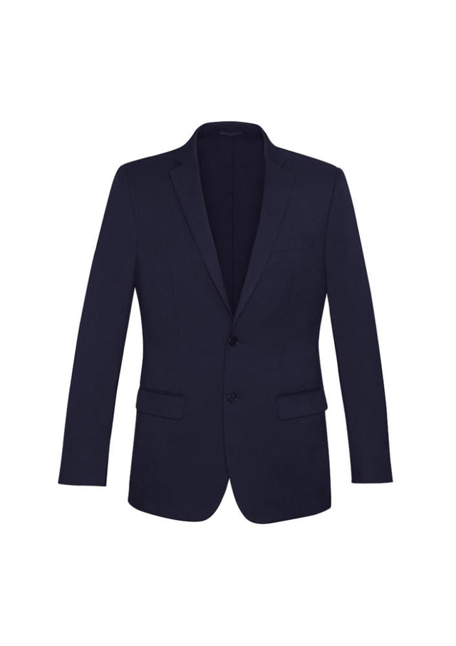 Men's navy slimline jacket by Biz Collection featuring a modern fit, narrower lapel, and breathable bamboo charcoal blend.