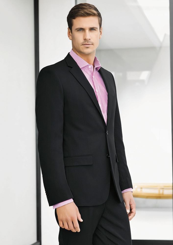 Mens Slimline Jacket in charcoal, featuring a modern fit, narrow lapel, and two rear vents for style and mobility.