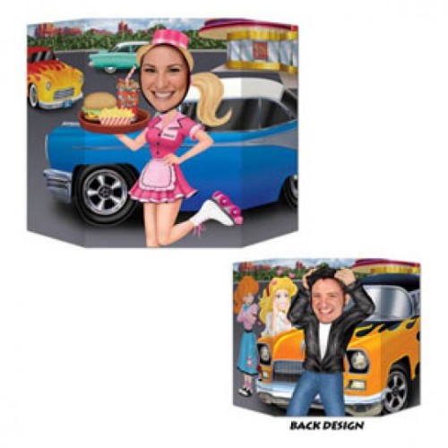 Double-sided photo prop featuring a car hop on one side and a greaser on the other, ideal for themed photography.