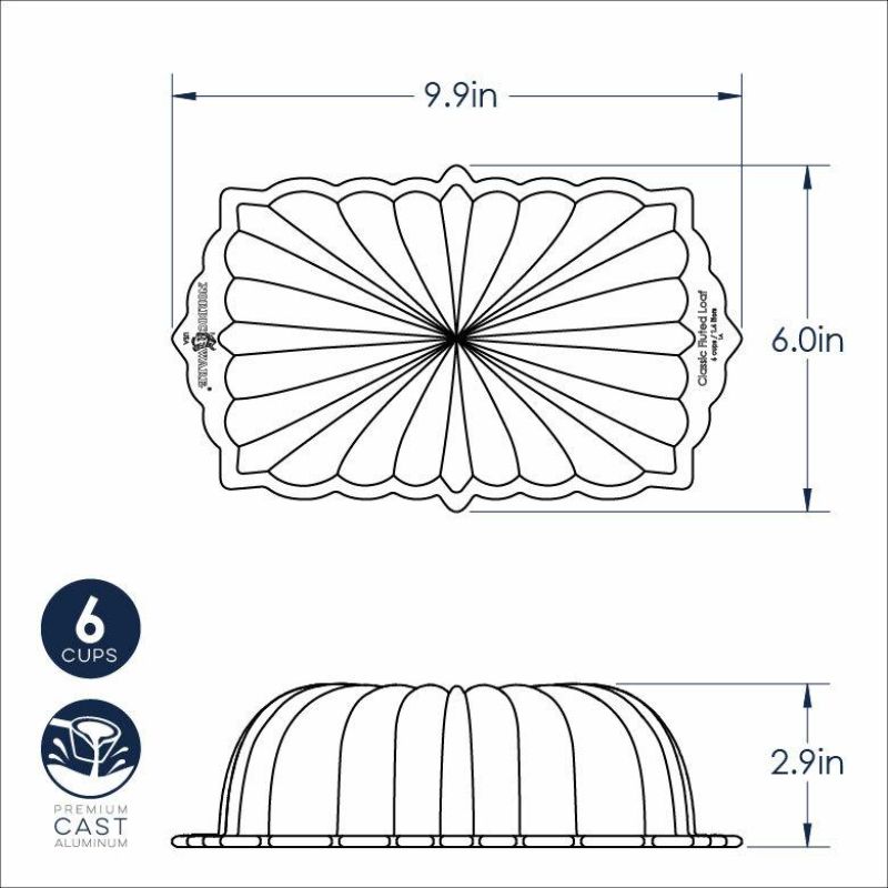 Nordic Ware Classic Fluted Loaf Pan for baking elegant fluted loaves, featuring nonstick cast aluminum and 6-cup capacity.