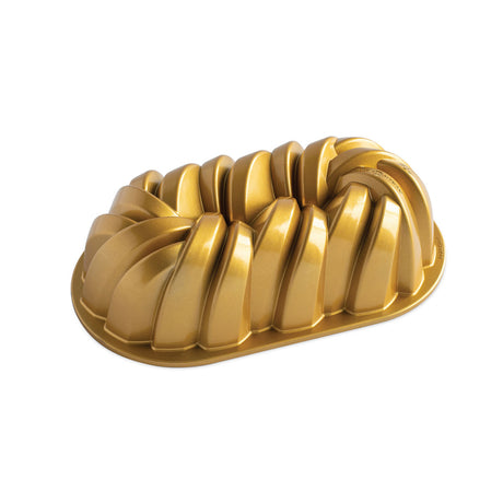 Nordic Ware 75th Braided Loaf Pan with unique braided design for even baking of quick breads and cakes, celebrating 75 years.