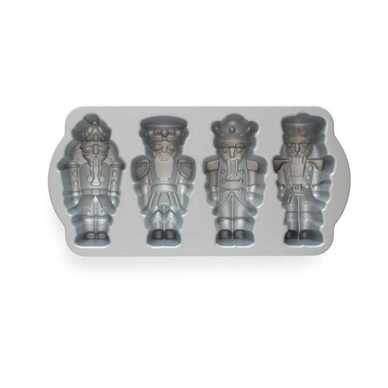 Nordic Ware Nutcracker Cakelet Pan in sparkling silver, featuring charming nutcracker designs for festive holiday baking.