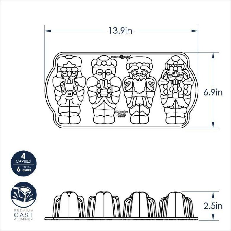 Nordic Ware Nutcracker Cakelet Pan in sparkling silver, featuring festive nutcracker designs for holiday desserts.