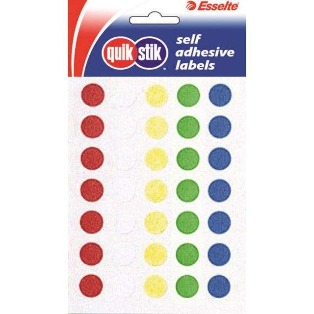 Colorful 14mm circular Quikstik labels in assorted designs, ideal for organizing and labeling in home, school, or office.