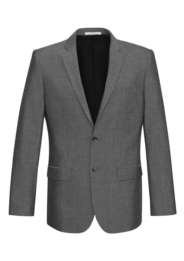 Grey mens slimline jacket by Biz Collection, featuring a narrow lapel and double rear vents for comfort and style.