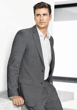 Stylish grey slimline jacket for men by Biz Collection, featuring narrow lapels and double rear vents for comfort and sophistication.