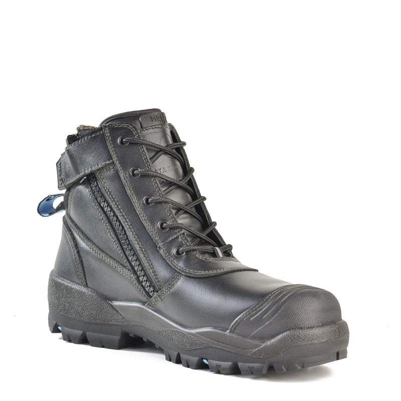 Black leather safety boot with steel toe, anti-fatigue cushioning, and durable outsole, designed for industrial professionals.