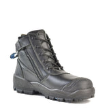 Black leather safety boot with steel toe, anti-fatigue cushioning, and durable outsole, designed for industrial professionals.
