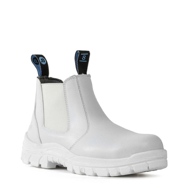 Safety Boot Bata Hercules in white with steel toecap, elastic sides, and durable PU sole; ideal for various industrial workplaces.