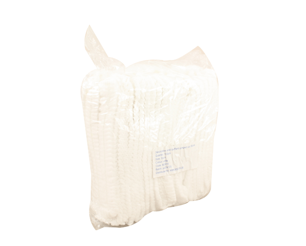 Bouffant crimped white disposable hairnets (49cm) in bulk pack of 100 units for hygiene in food and healthcare industries.