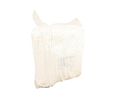 Bouffant crimped white disposable hairnets (49cm) in bulk pack of 100 units for hygiene in food and healthcare industries.