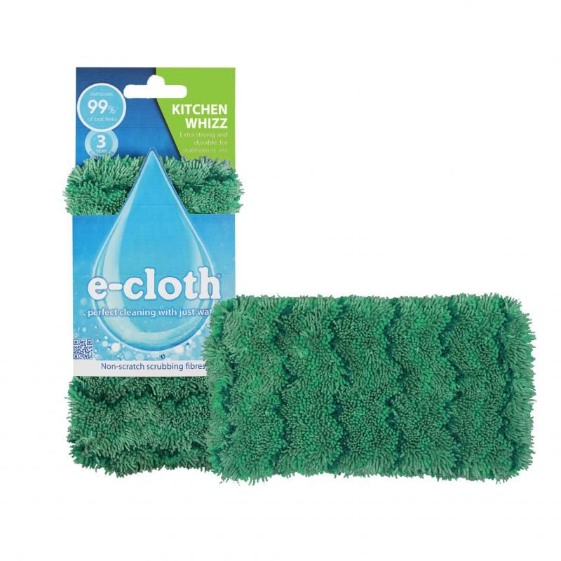 E-Cloth Kitchen Whizz, 16x9 cm, features long fibres and scrubbing stripes for effective, chemical-free kitchen cleaning.