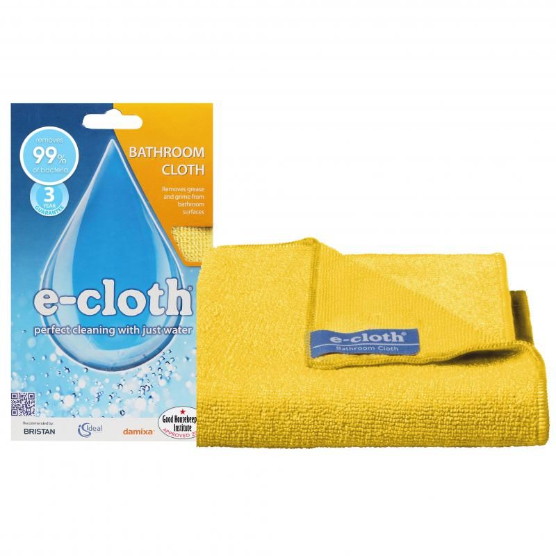 Highly absorbent E-Cloth Bathroom Cloth effectively cleans soap scum and bacteria with just water, ideal for a chemical-free bathroom.