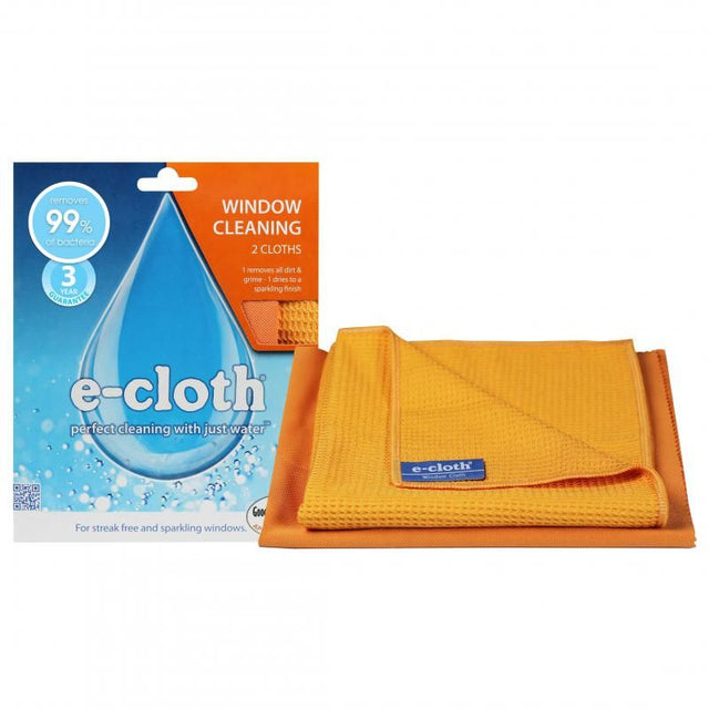 E-Cloth Window Cleaning Twin Pack featuring eco-friendly microfiber cloths for streak-free cleaning with just water.