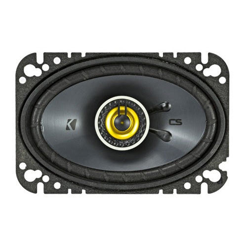 KICKER CS 4x6in coaxial speakers with 150W power, rigid cone, UV-resistant surrounds, and zero-protrusion for easy installation.