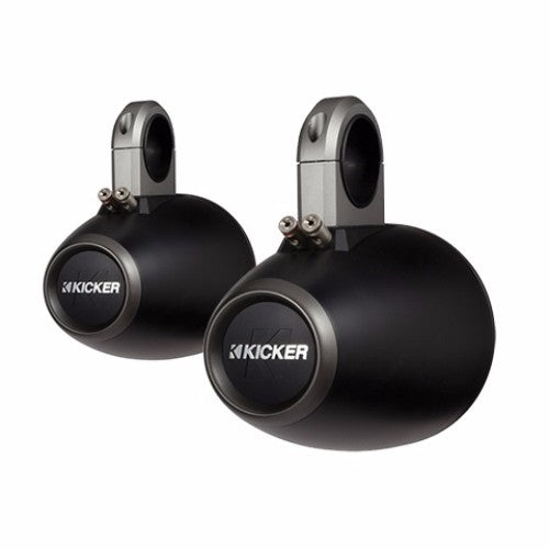 KICKER 6.5-inch black speaker enclosures, durable, UV-treated, weather-resistant, with versatile mounting options.