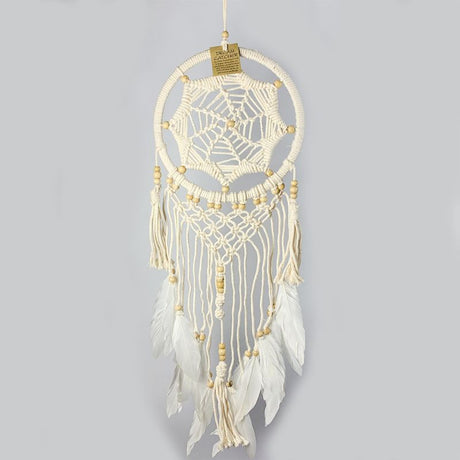 Elegant 22cm White Star Web Macrame Dreamcatcher showcasing intricate design, perfect for serene home decor and good dreams.