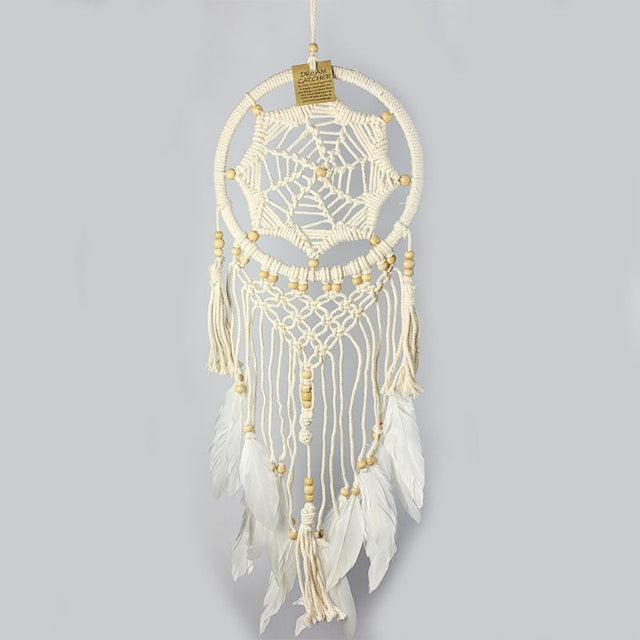 Elegant 22cm White Star Web Macrame Dreamcatcher showcasing intricate design, perfect for serene home decor and good dreams.