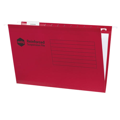 Red MARBIG® reinforced suspension file with durable construction, smooth gliding runners, and easy-to-use tabs for organizing documents.