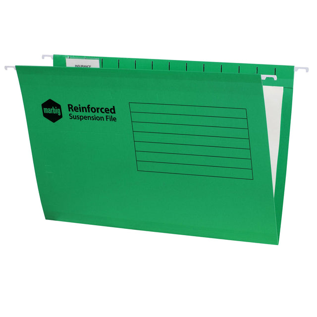 Green MARBIG® reinforced suspension files, box of 25, featuring strong manilla board and smooth-gliding runners for document organization.