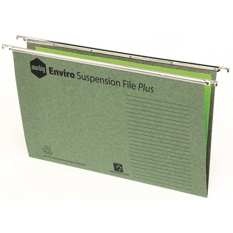 Marbig Suspension Files in eco-friendly green, 50 per box, with smooth gliding and data panel for organized document storage.