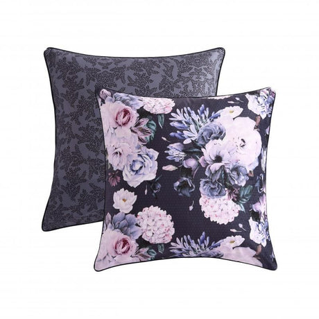 Luxurious violet velvet European pillowcase featuring floral prints and foliage pattern, accented with black cord piping.