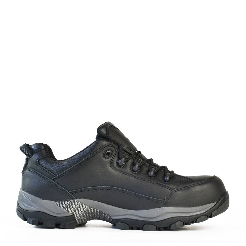 Black leather composite safety shoe with EVA-Rubber sole, XW width, protection toecap, and comfort PU footbed, size 11.